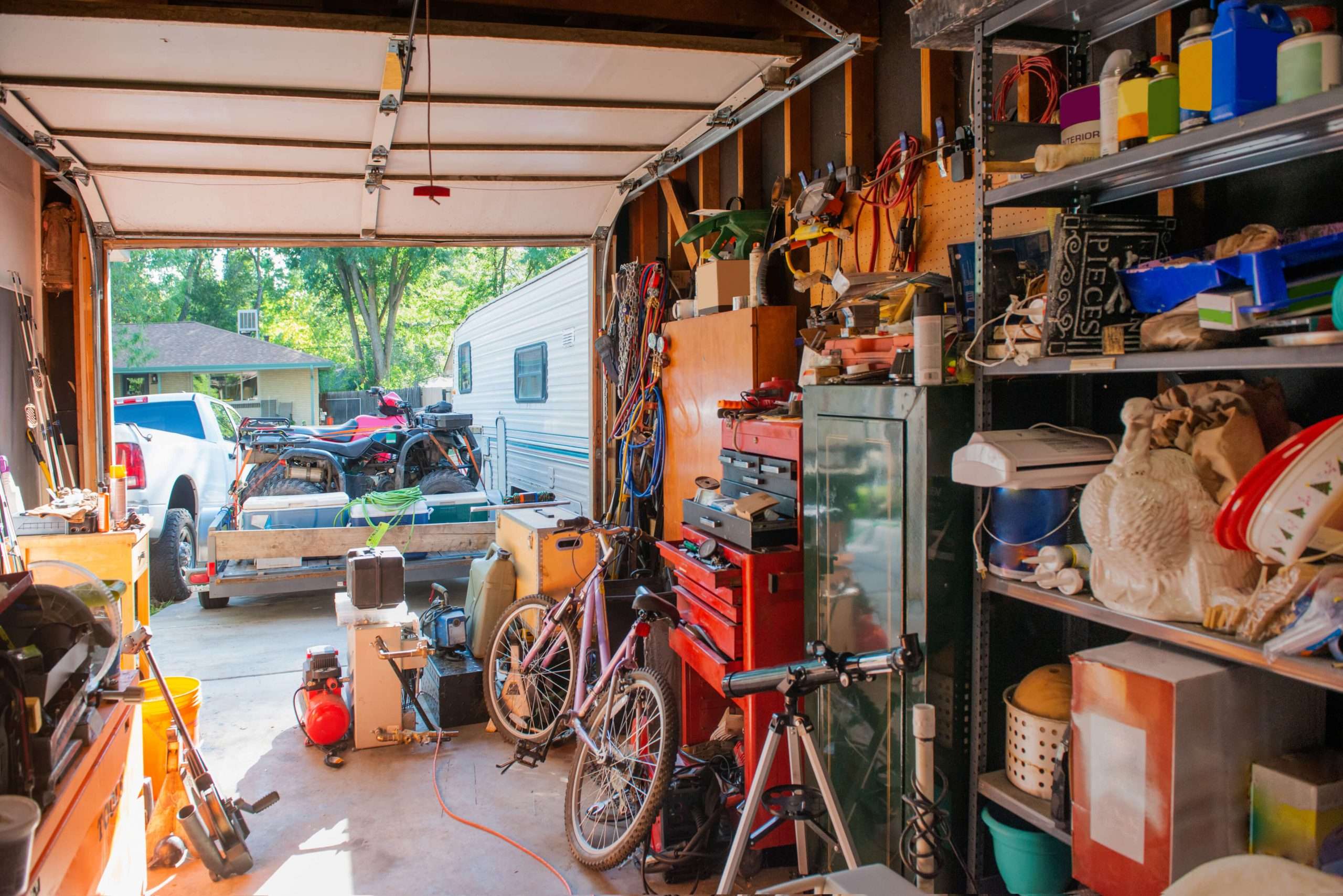 interior of an unorganized narrow garage